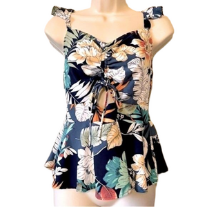 Meraki Floral Top Multi Color Frayed Sleeves  Waved Hem Women’s Size Medium